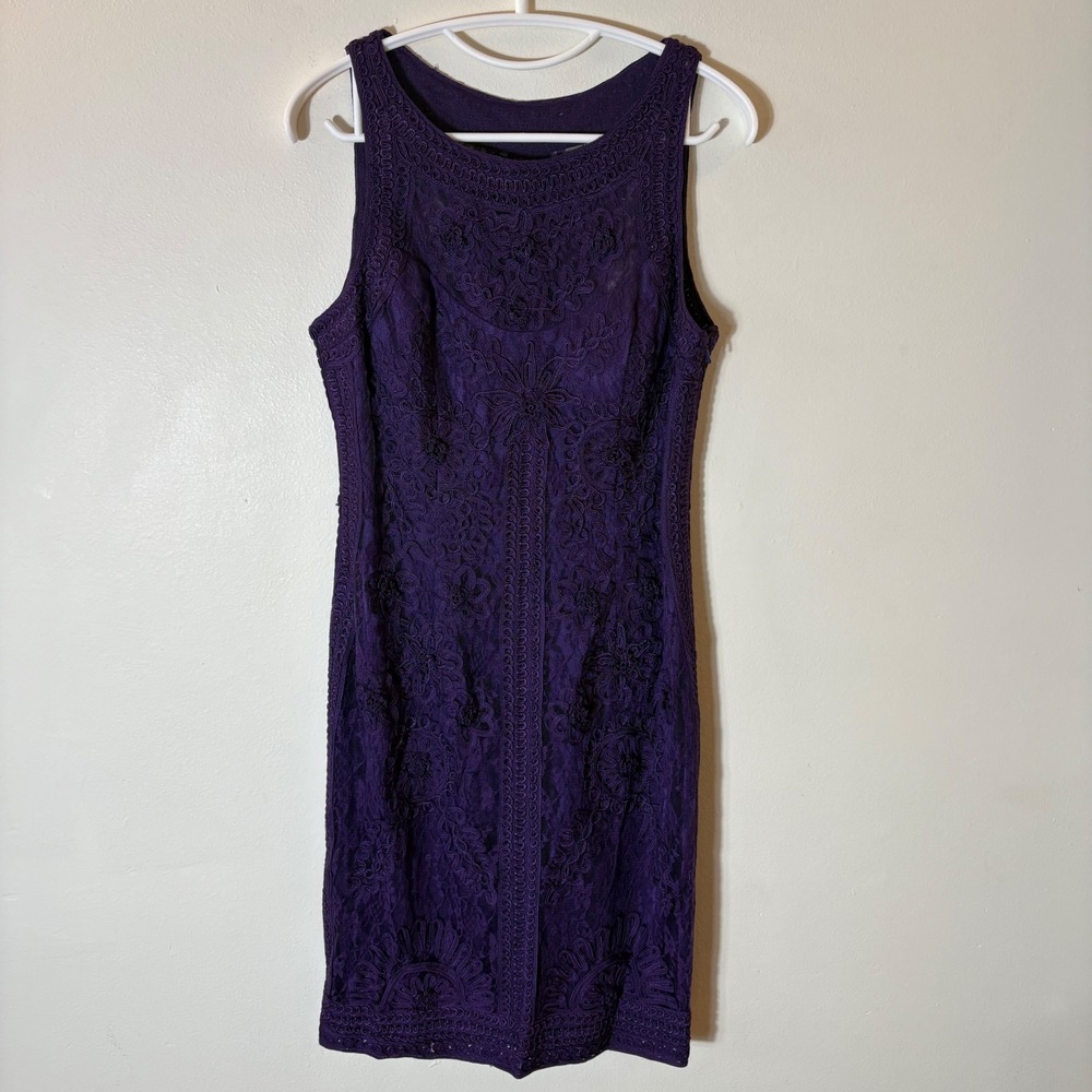 Sue Wong Purple Embroidered Sheath Cocktail Dress Size 8